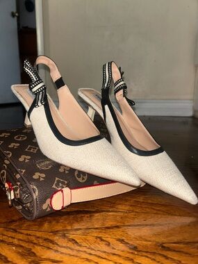 Steve Madden Cream Slingback Pointed Toe Heels with Black Trim